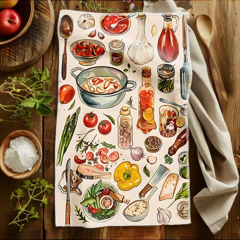 torchon cuisine microfibre fruits légumes illustration blanche lavable machine 40x60cm clips suspension couteau fourchette