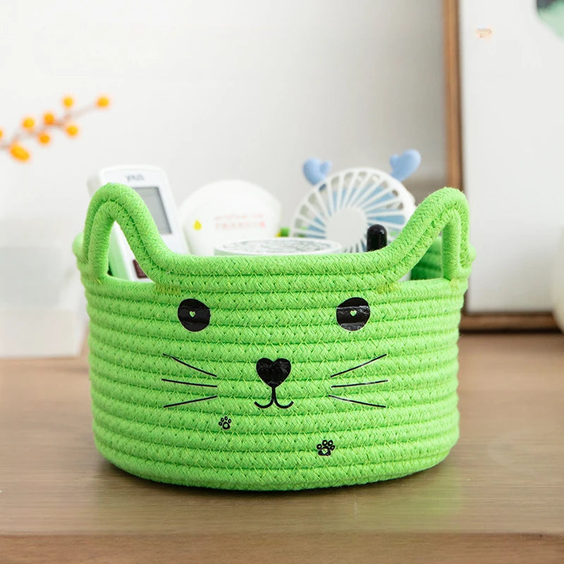 panier rangement créatif réutilisable blanc rose jaune vert bleu visage chat brodé enfantin respectueux