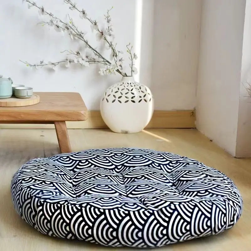 coussin sol rond bleu marine blanc motif patchwork moderne ethnique décoration voiture chaise sofa