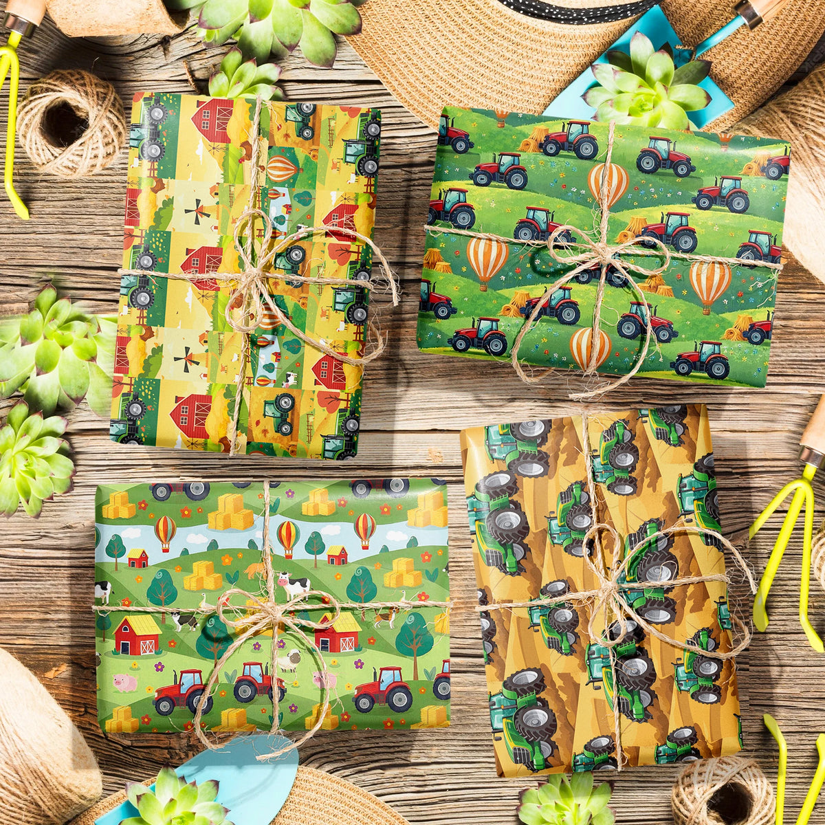 papier cadeau illustration tracteurs enfantins vert jaune rouge motif maison animal montgolfière festive anniversaire