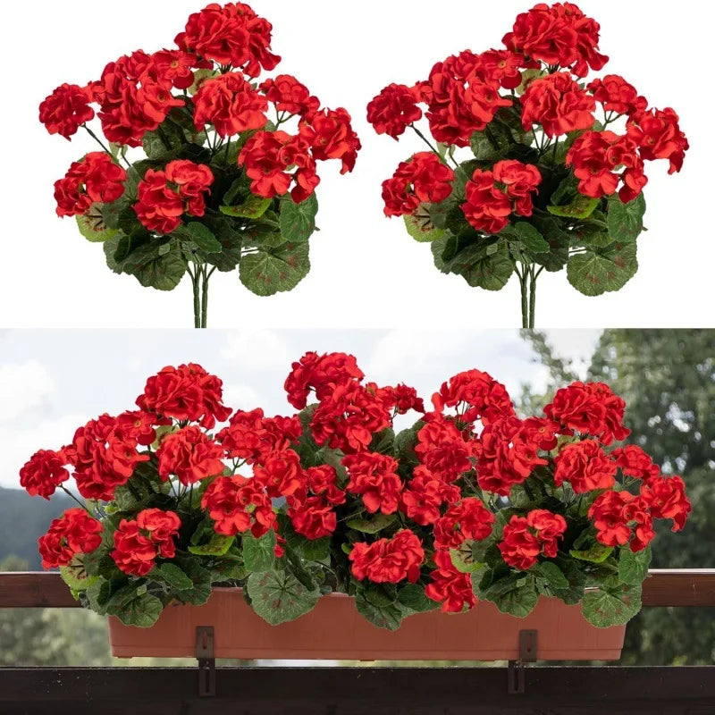bouquet fleurs artificielles geranium rouge vif pot plastique décoration maison salon plante intérieure moderne