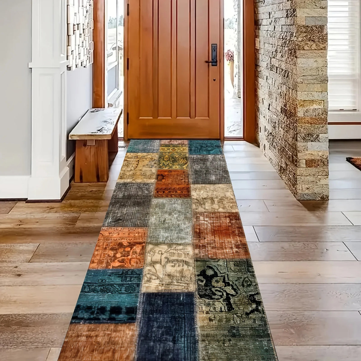 tapis moderne patchwork imprimé bleu vert orange gris polyester résistant intérieur salon chambre