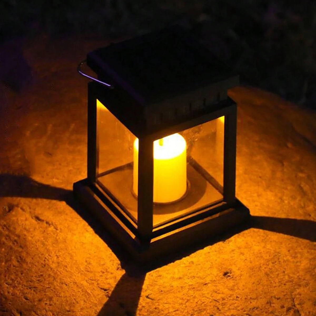lanterne solaire transparente classique noir bougie led crochet sécurisé extérieur éclairage jardin lumière solaire