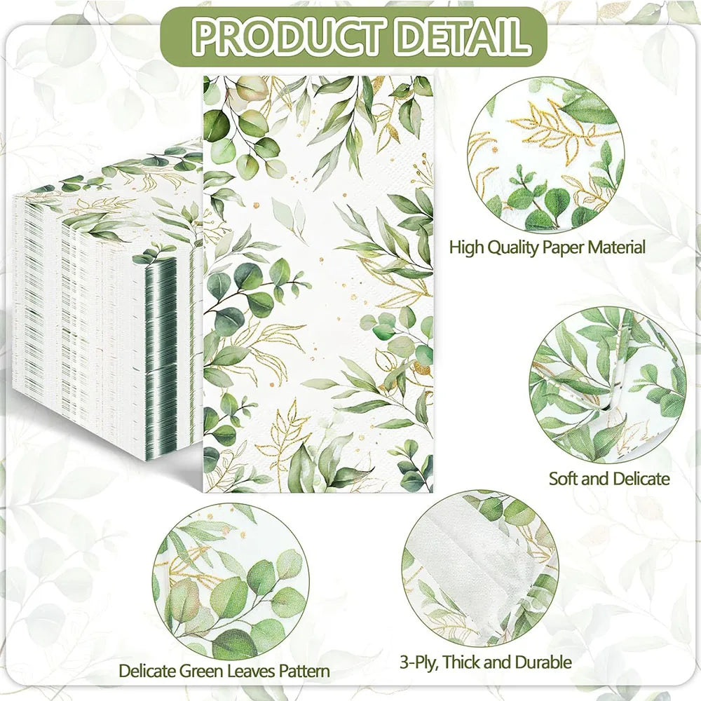 serviettes jetables motif feuilles eucalyptus blanc vert doré moderne élégantes pack 20 pièces evento