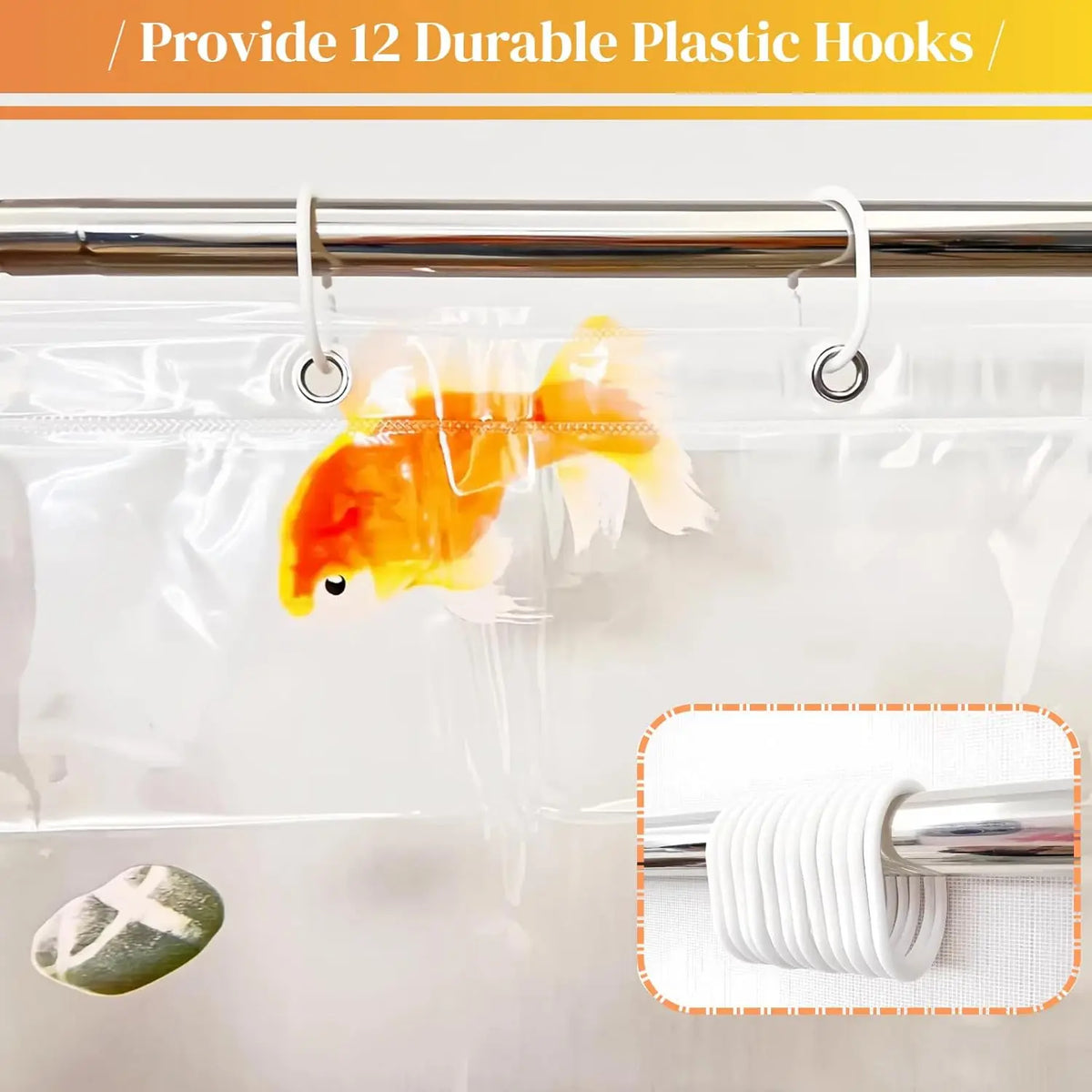 rideau douche transparent poissons dorés coquillages moderne bleu orange blanc gris 12 piques plastique