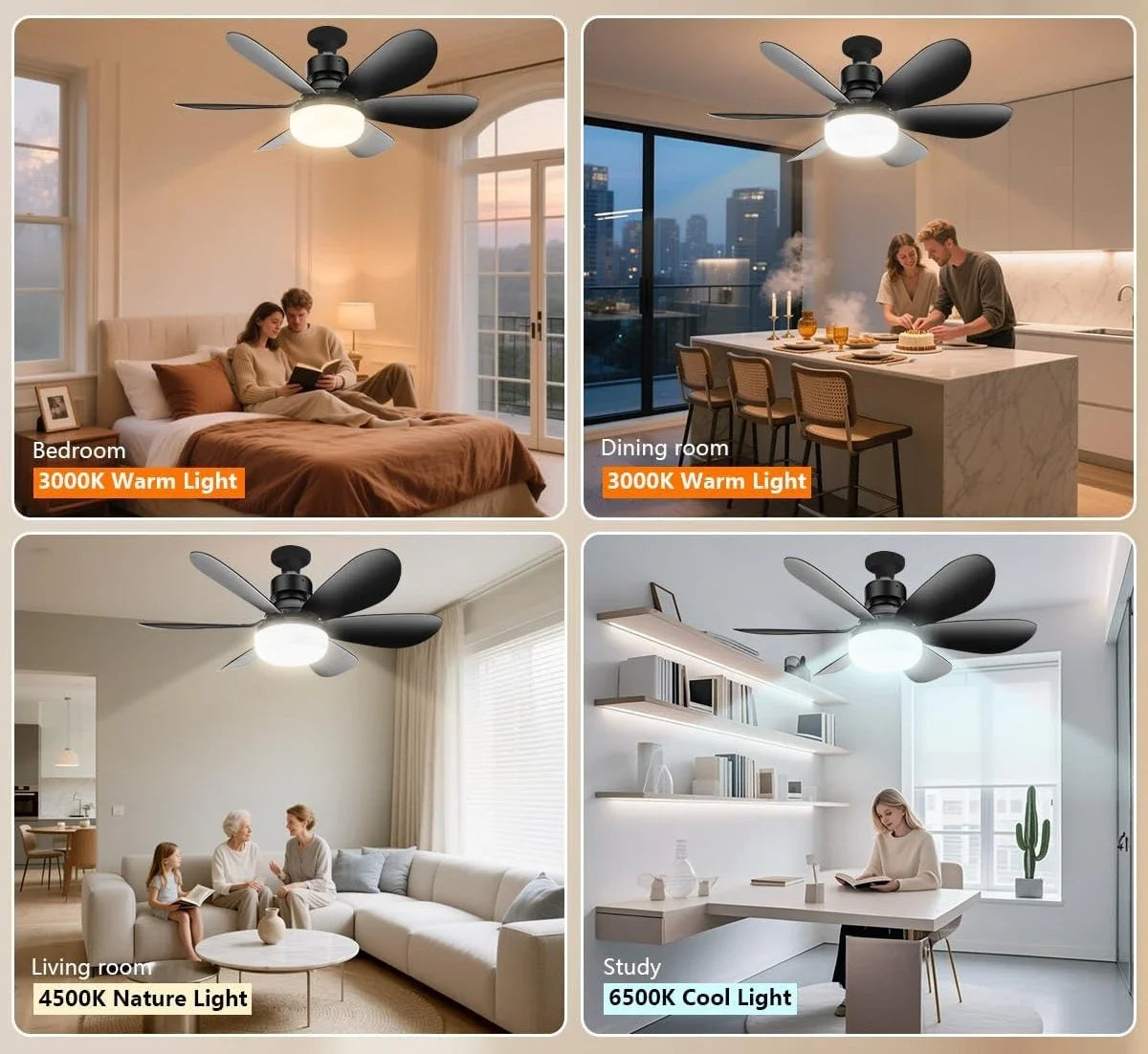 ventilateur lumière intégrée moderne noir blanc 52cm 42cm télécommande led ailes plastique