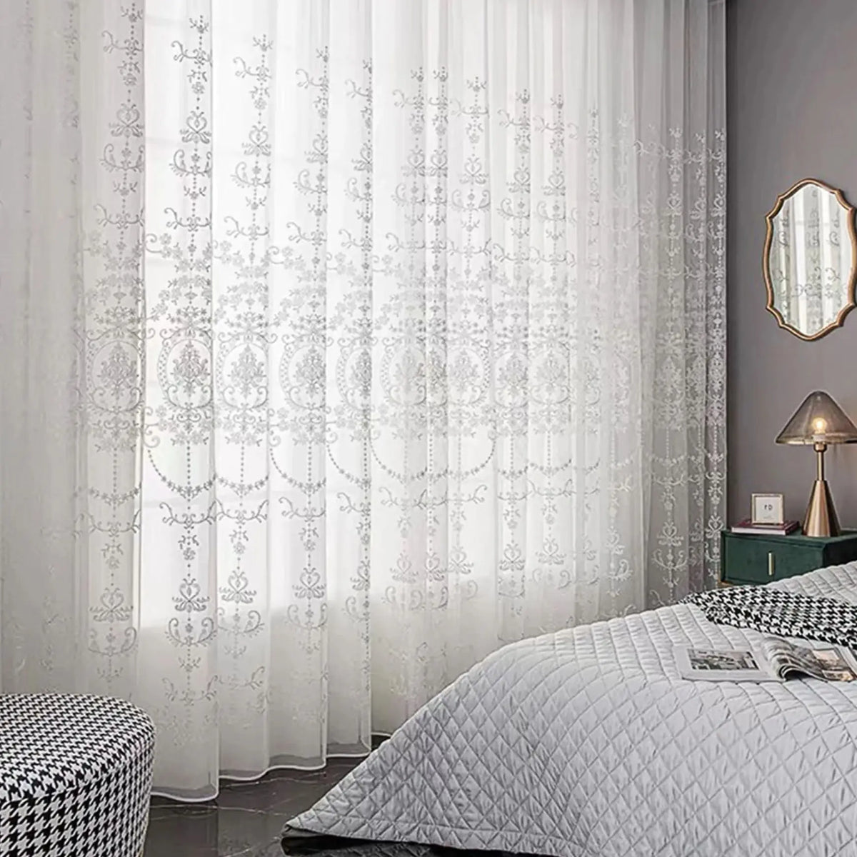 rideau blanc transparent broderie florale classique salon chambre moderne décoration fenêtre maison