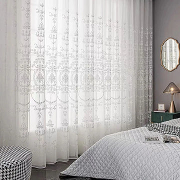 rideau blanc transparent broderie florale classique salon chambre moderne décoration fenêtre maison