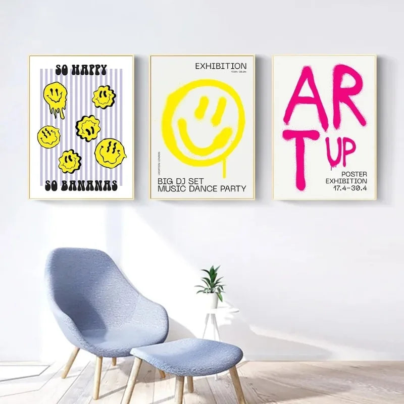 affiche pop art smiley géométrique moderne sans cadre couleur jaune rose bleu verte chambre