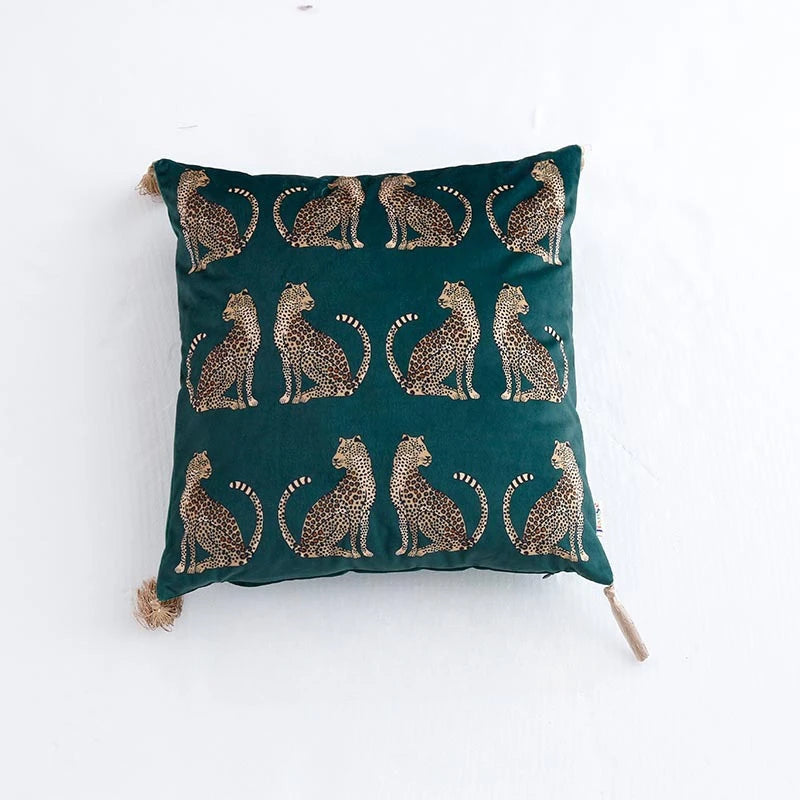 coussin imprimé léopard doré moderne adhésif tassel velours polyester carré decoration 45x45cm 30x50cm