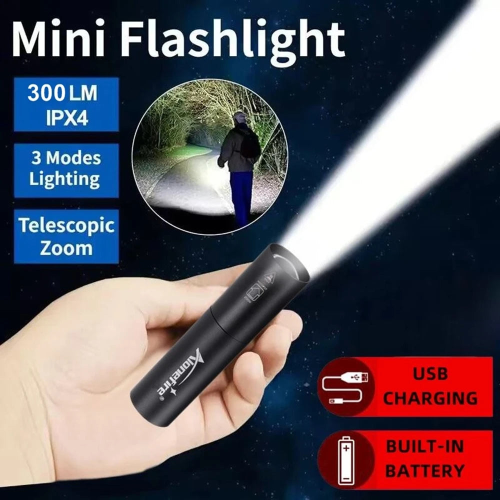 lampe torche rechargeable led zoom compact moderne noir éclairage intense stroboscopique camping randonnéeurgenceextérieur