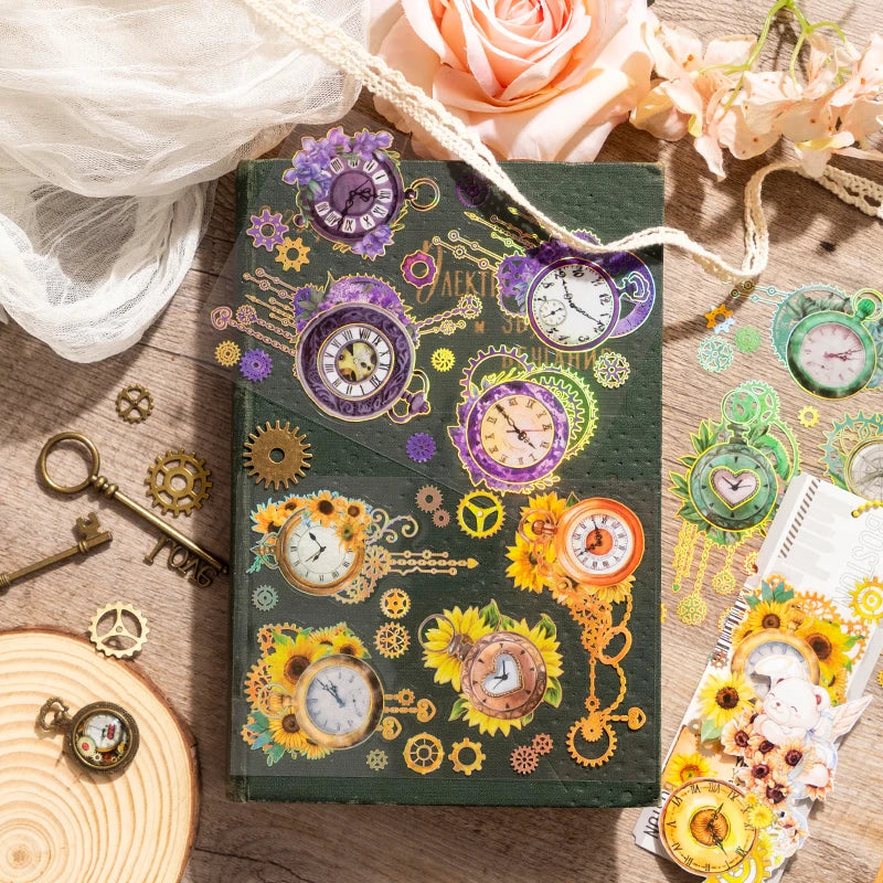 autocollants horloges engrenages fleurs papillons motifs floraux jaune vert violet blanc doré steampunk vintage