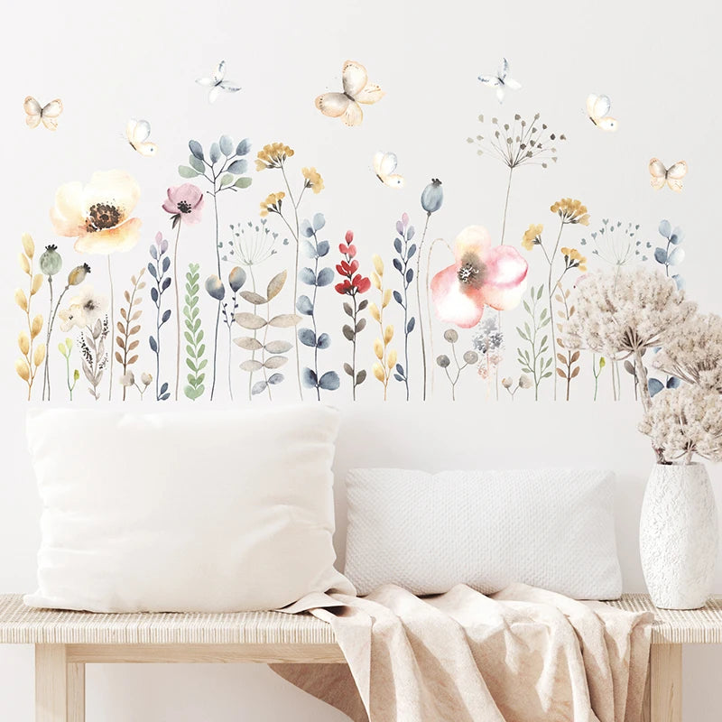 sticker mural floral multicolore illustration adhésif papillon deco maison chambre salon