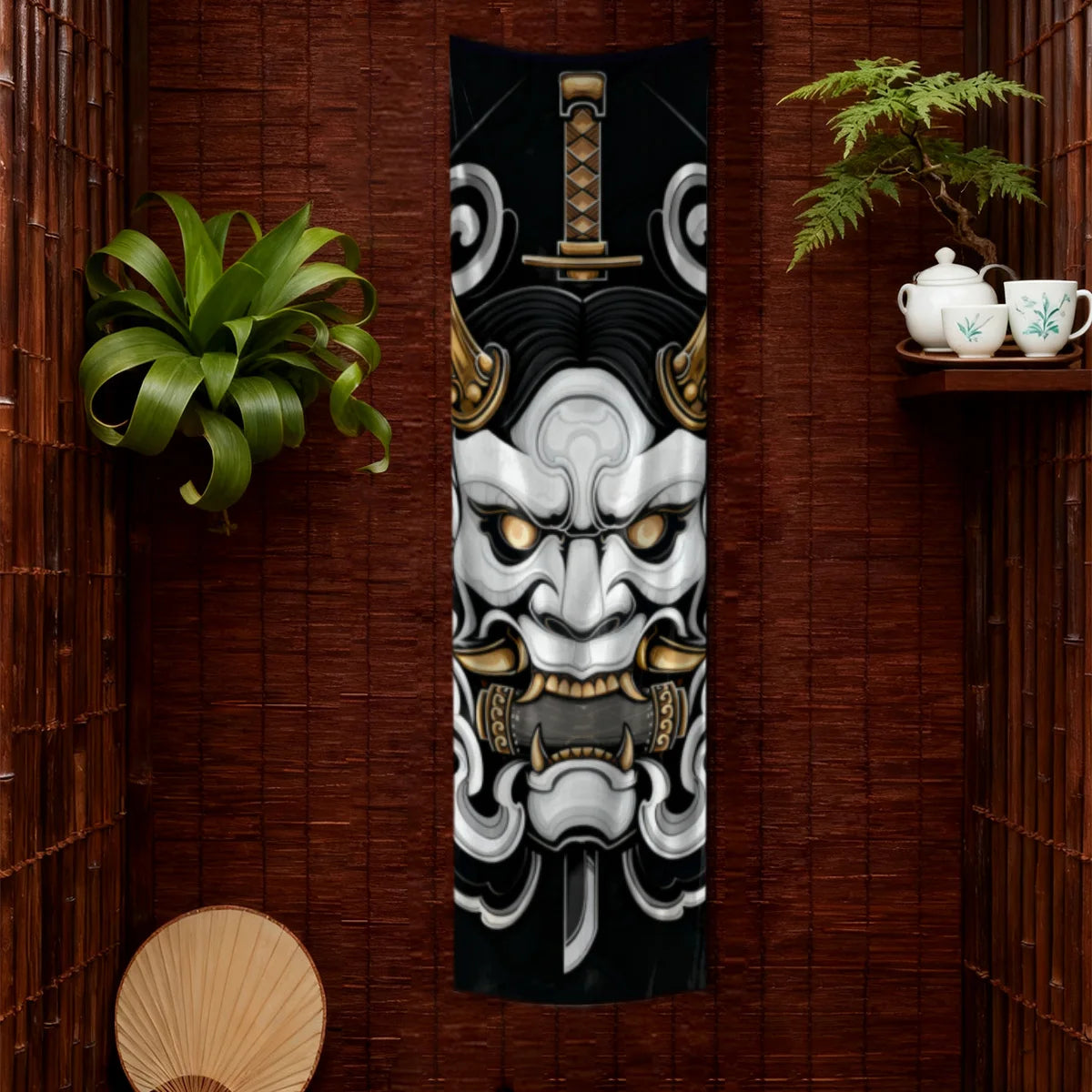 serviette bain art traditionnel japonais masque doré moderne noir blanc or