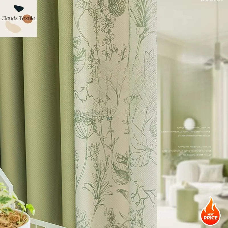 rideau occultant moderne vert olive motif floral beige salon chambre maison intérieur