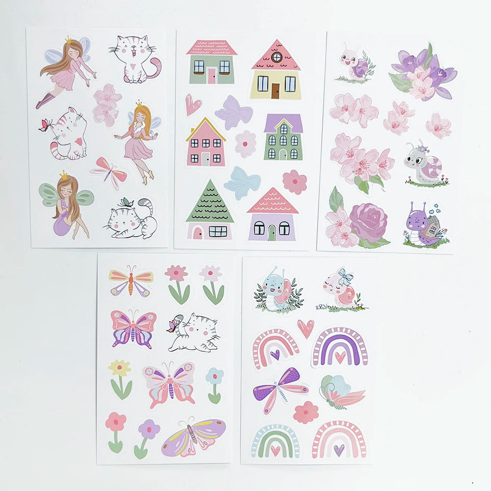 sticker adhésif dessin animé fleurs papillons coeurs maison insectes rose violet vert blanc