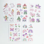 sticker adhésif dessin animé fleurs papillons coeurs maison insectes rose violet vert blanc
