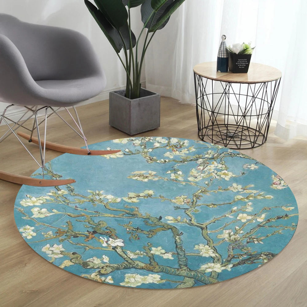 tapis rond moderne fleurs blanches géométrique bleu jaune noir salon chambre
