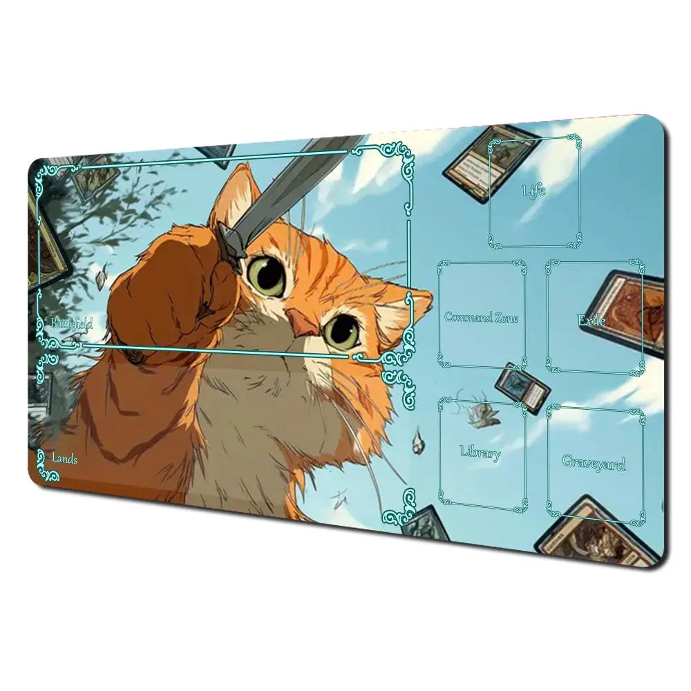tapis jeu playmat chat épée cartes géométrique orange noir rouge illustration animateur