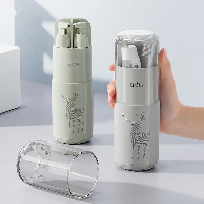 ensemble rangement brosse dents shampoing tasse lavage voyage bouteille tampon moderne minimaliste cerf stylisé