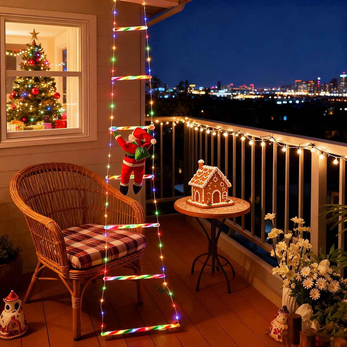 décoration noël lumineuse père noël guirlandes rayures colorées moderne adhésif rouge vert blanc