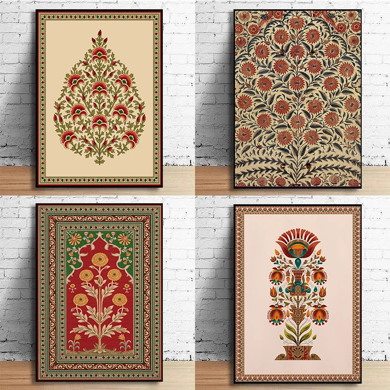 toile d'art artisanal vintage fleurs stylisées nature morte coton couleur beige vert rouge orange