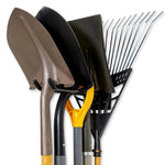 rangements outils jardin mural noir industriel pelle râteau fourche fixations plaques métal lisse