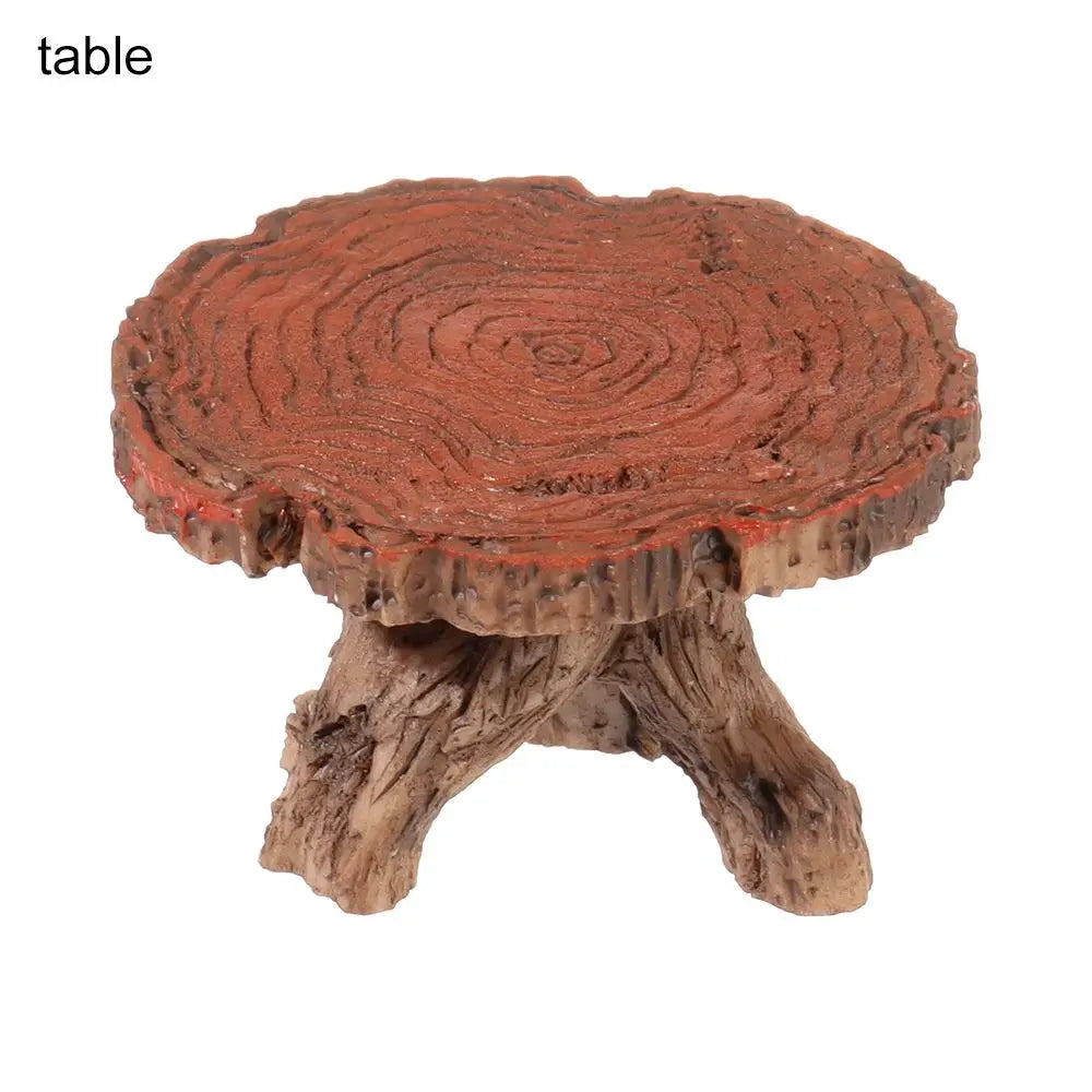 meubles jardin miniature banc fauteuil table tronc arbre champignons clôture rouge marron rustique féerique
