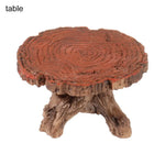 meubles jardin miniature banc fauteuil table tronc arbre champignons clôture rouge marron rustique féerique