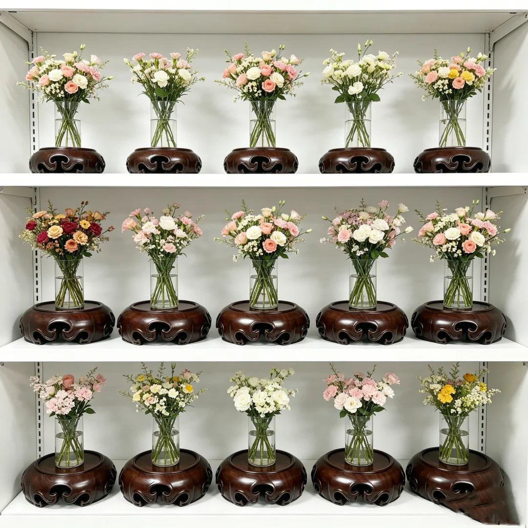 support vases bois sculpté motifs floraux artisanal marron foncé décoration intérieure unique traditionnel