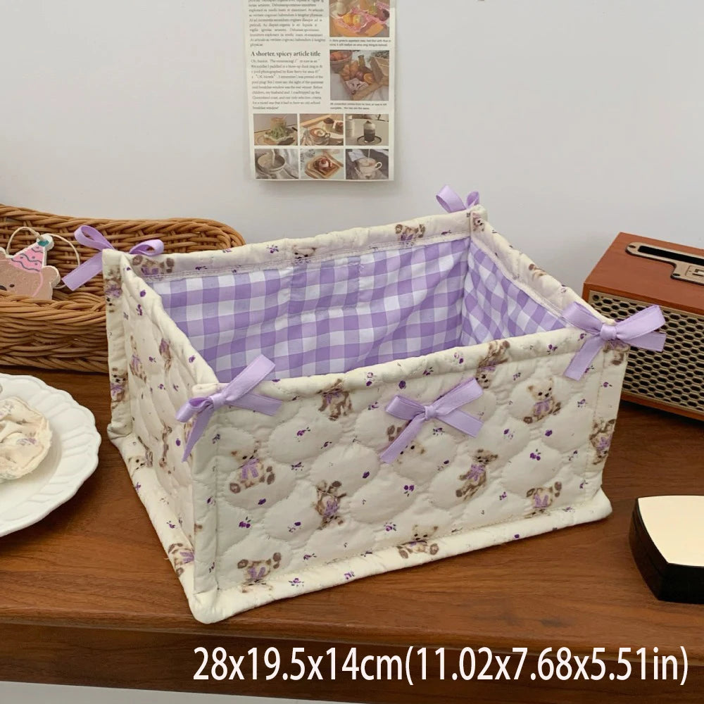 paniers rangement coton pois carreaux rayures ours rose clair blanc bleu clair beige texturé