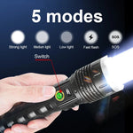 projecteur led rechargeable longue portée lumiere intense tactique hightech mode variateur résistant chocs
