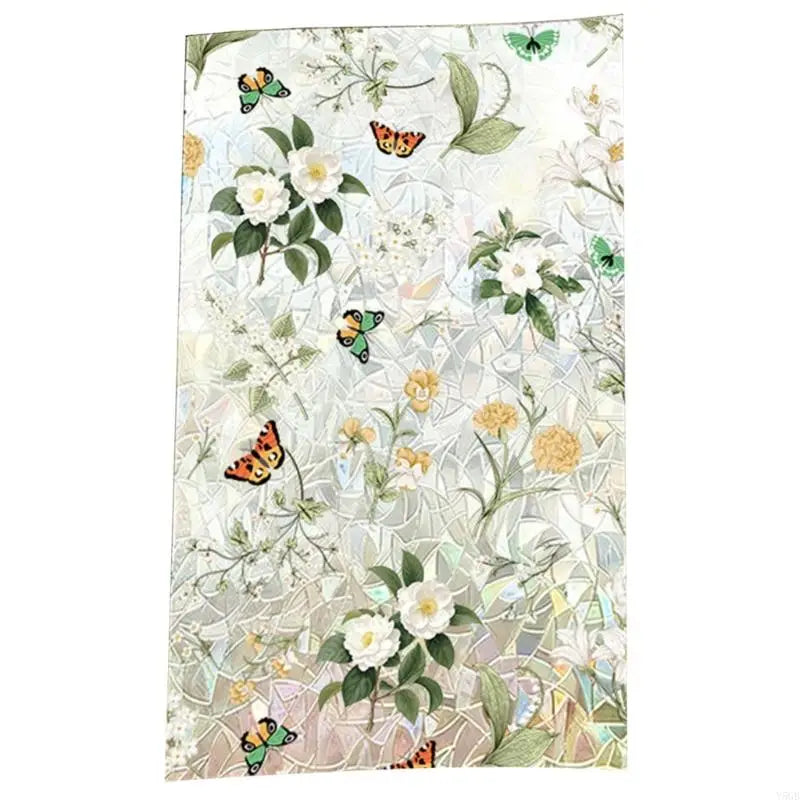 film décoratif fenêtre fleurs feuilles papillons moderne vert blanc jaune marron opacité adhésif