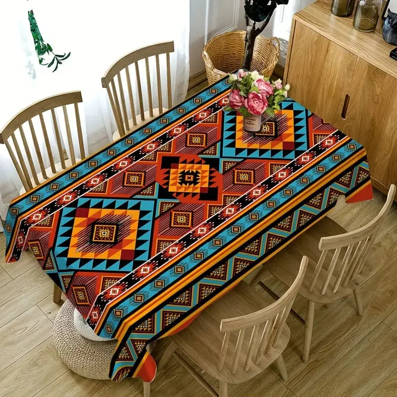 nappe géométrique aztèque moderne bleu orange rouge beige table manger polyester réutilisable