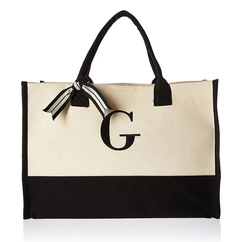 sac main femme toile beige lettre brodée poignées détachables grand