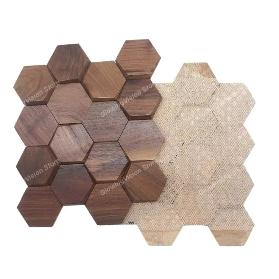 mosaïque hexagonale bois marron moderne décoration murale chic pièces irrégulières gravure naturelle