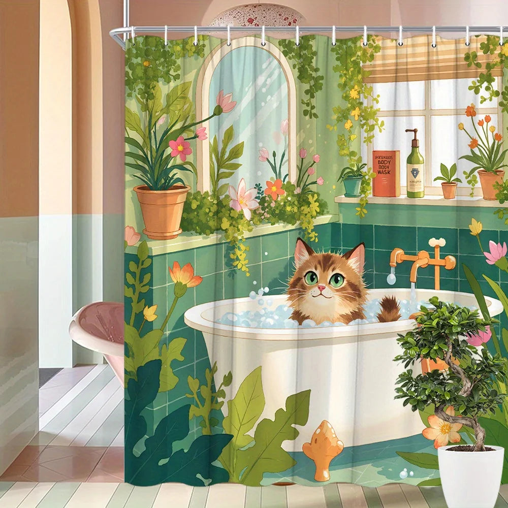 rideau douche illustration chat baignoire motifs floraux 12 anneaux métalliques polyester opacité vert blanc
