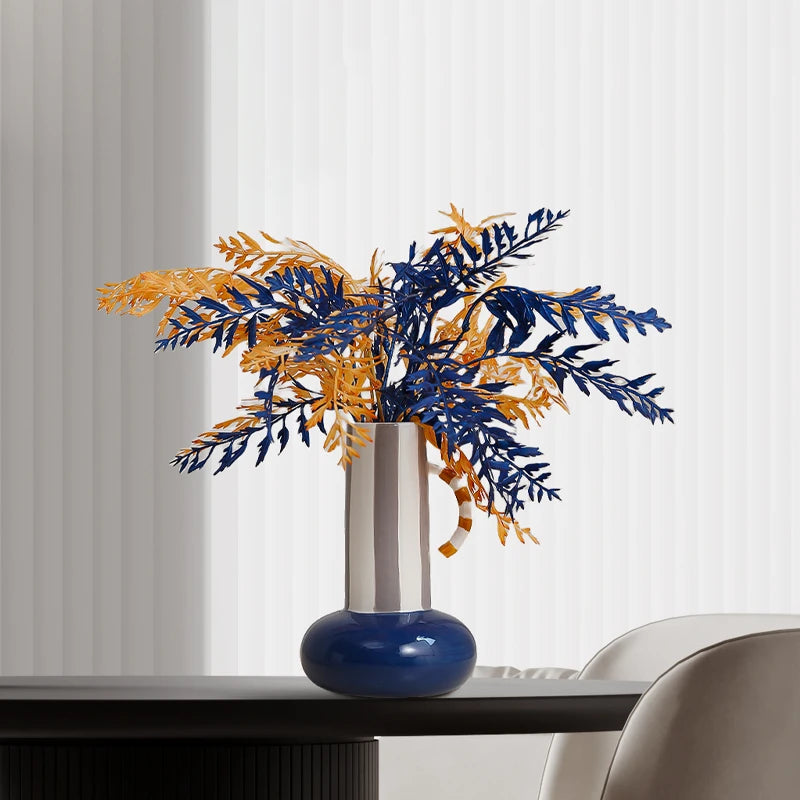 vase décoratif moderne bleu blanc orange lisse texturé géométriquebranches fleurs