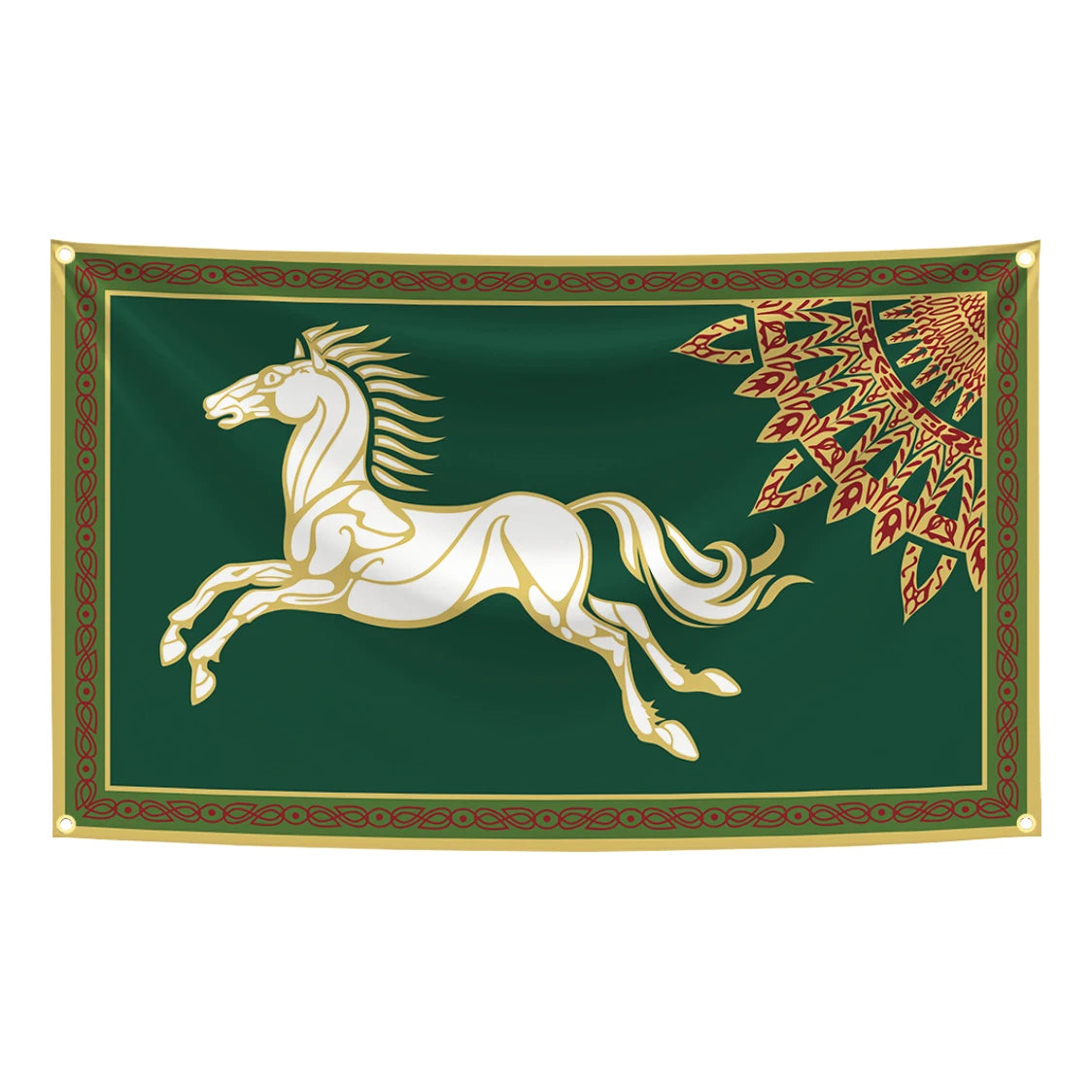 tapisserie artisanale vert foncé cheval galopant feuilles stylisées dorés décoration intérieure traditionnelle