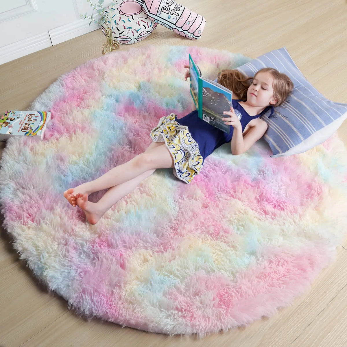tapis rond peluche multicolore doux chambre enfant décor moderne moelleux pastel sol