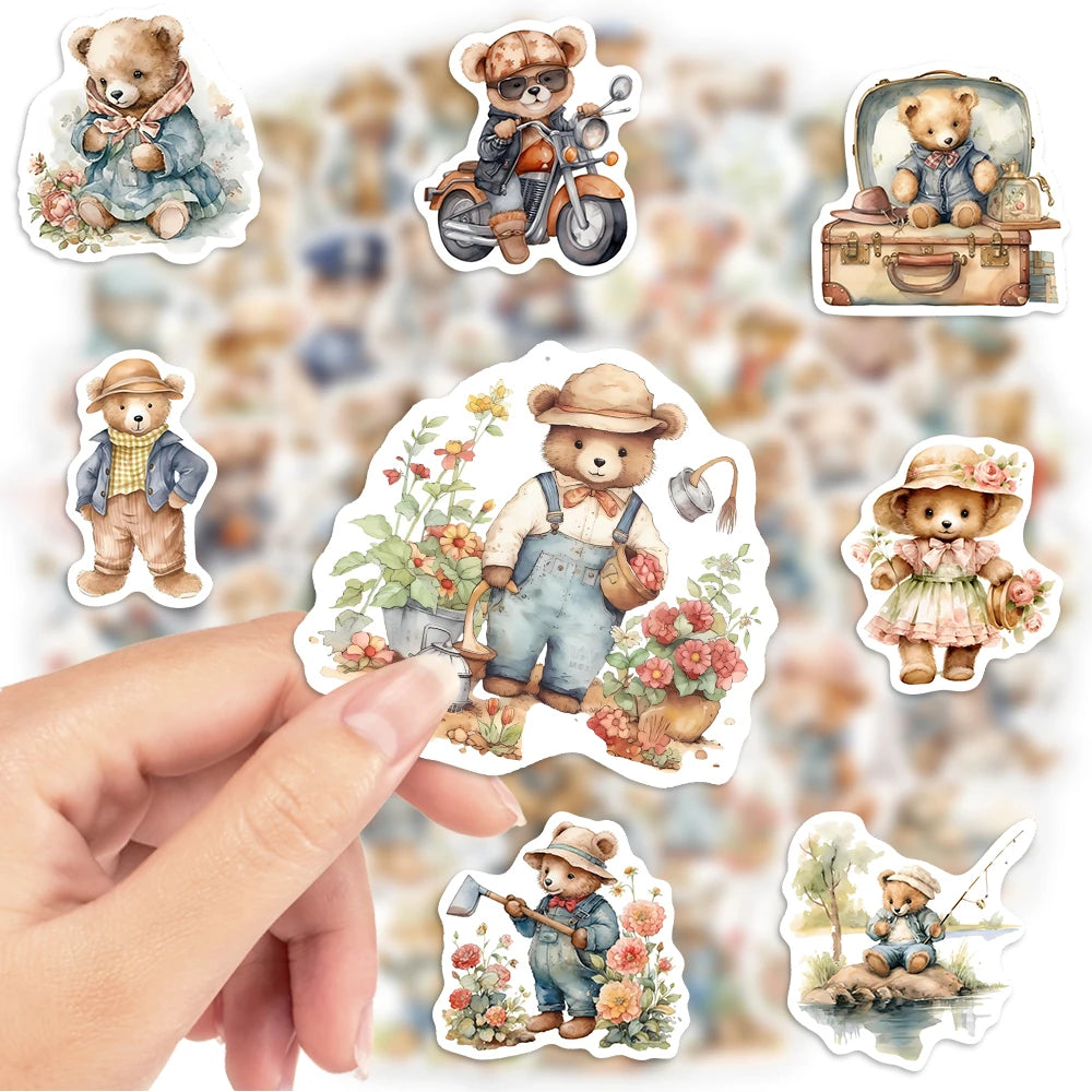 sticker illustratif teddy bear multicolore scène pêche jardinage voyage adhésif waterproof moderne scrapbooking journal