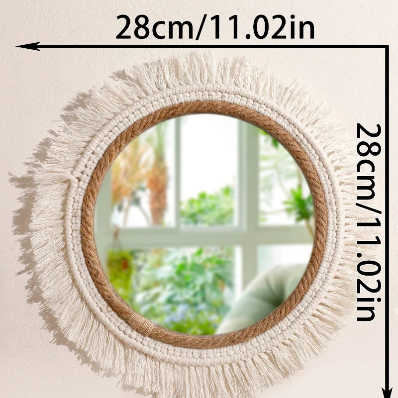 miroir mural bohème tressé franges blanches corde beige clair chambre salon decoration
