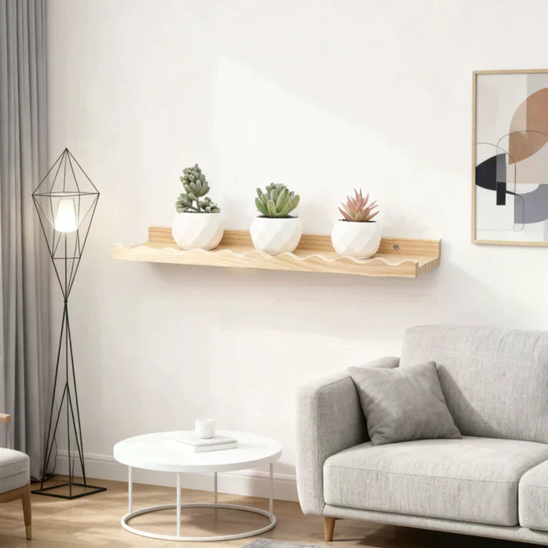 étagère murale bois naturel clair moderne vis fixations salon respectueux environnement single niveau