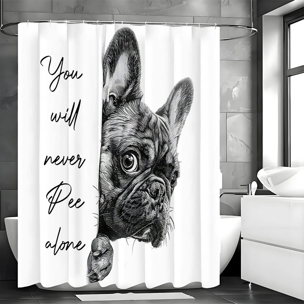 rideau douche humoristique chien texte salle bain opaque anneaux métalliques polyester moderne blanc noir