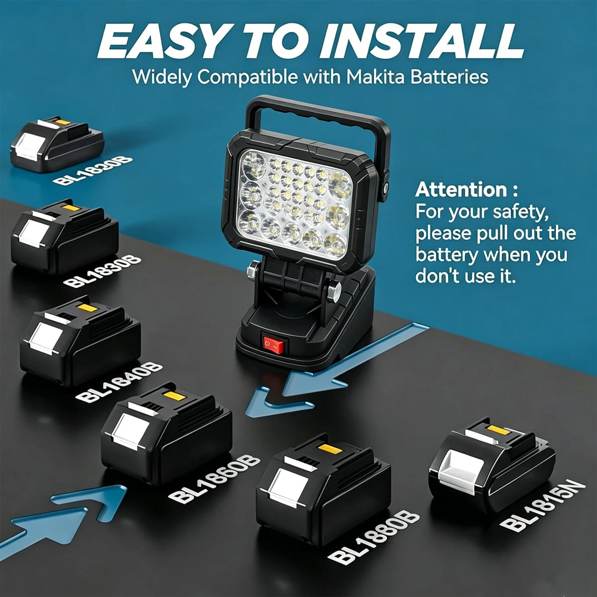 lampe travail led noir moderne interrupteur batteries makita 18v 1600lm 60w