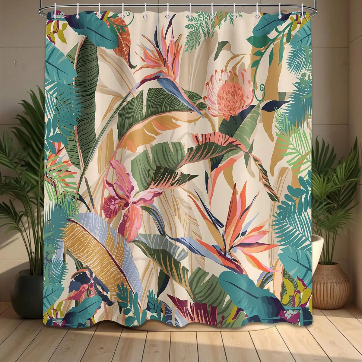 rideau douche tropical feuilles fleurs moderne multicolore opaques 12 71x71inch