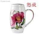 tasses thé céramique fleurs classiques poignées couvercle blanc rose vert