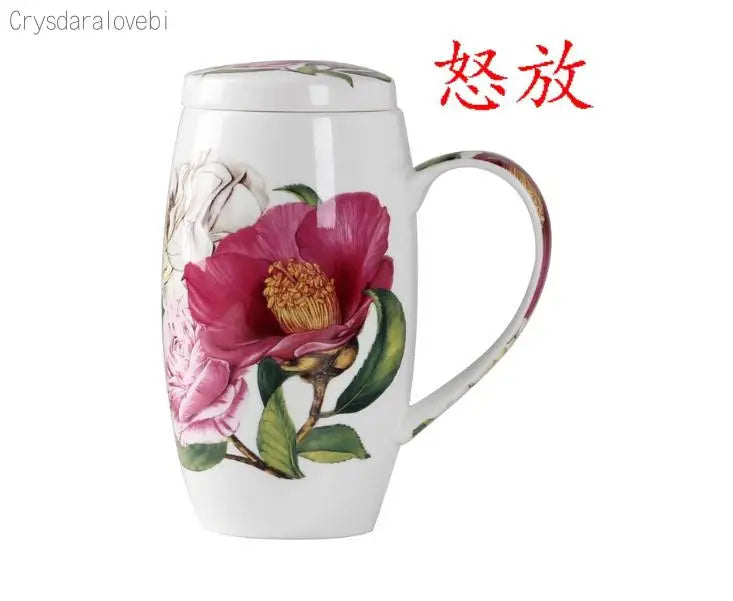 tasses thé céramique fleurs classiques poignées couvercle blanc rose vert