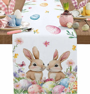table pâques chemin table lin lapins œufs fleurs printemps décor champêtre aquarelle tulipes jaunes