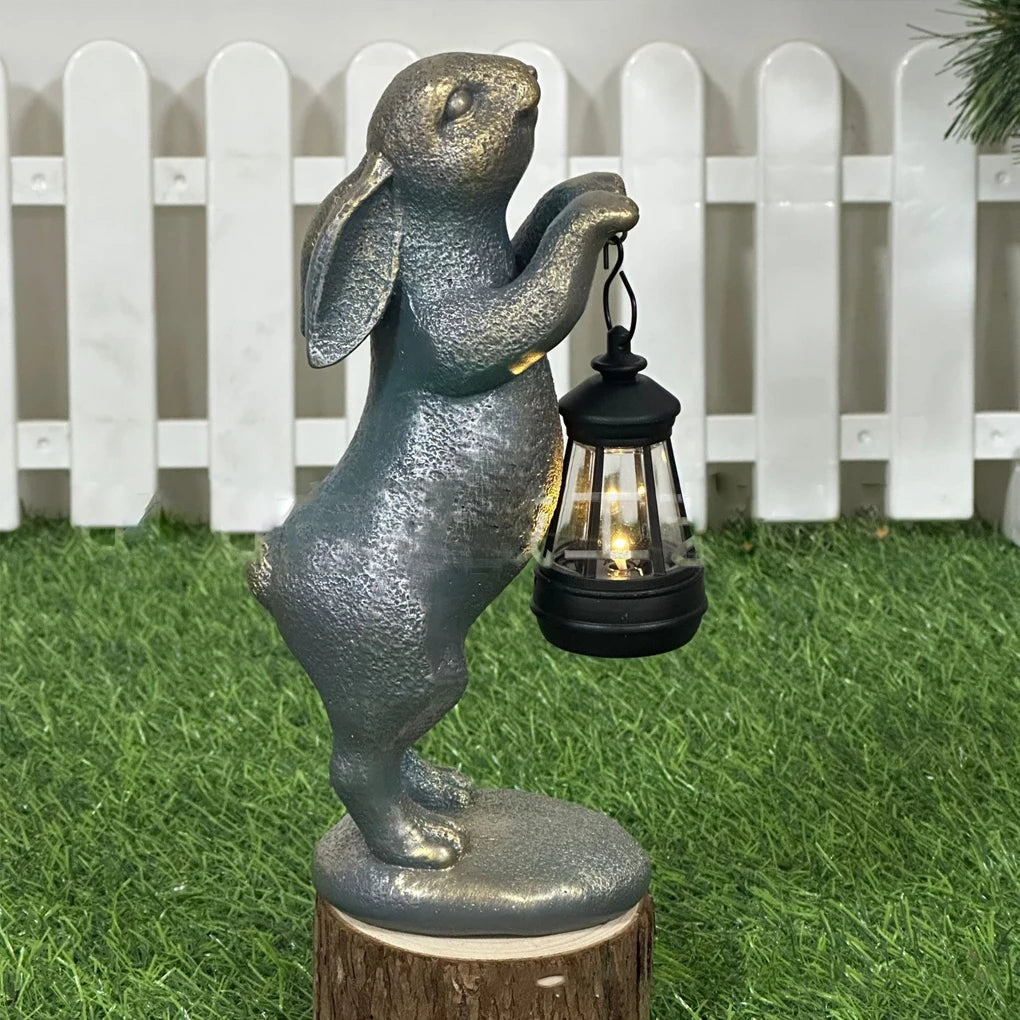 statue jardin lapin lanterne bleu turquoise doré texture patinée led automatique